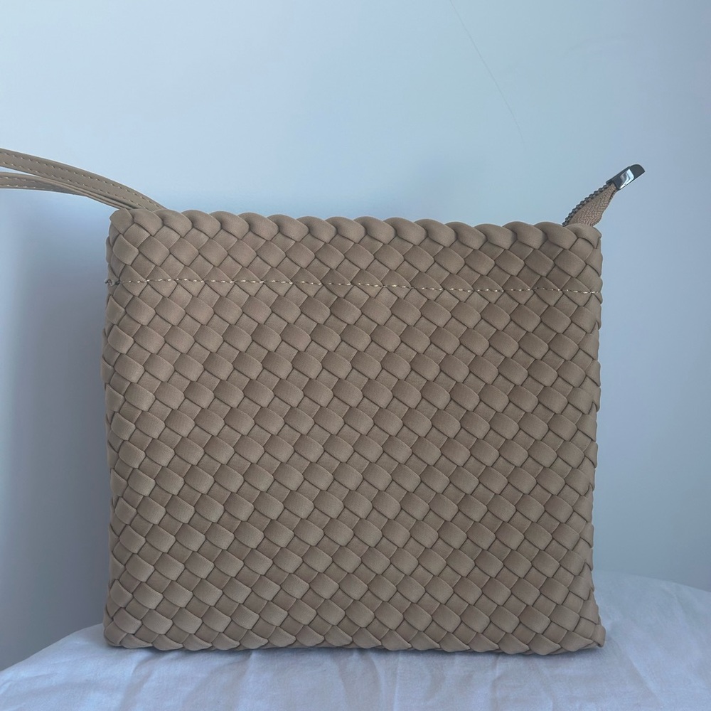 Bindya Woven Wristlet Pouch Beige Taupe Braided Clutch Zip Cosmetic Travel Bag